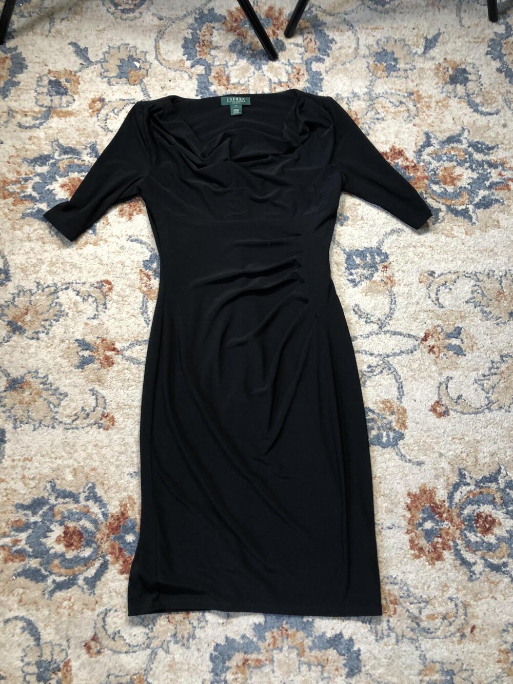 Lauren Ralph Lauren Dress Womens Medium Black Ruched Sheath Cowl Neck 3/4 Sleeve